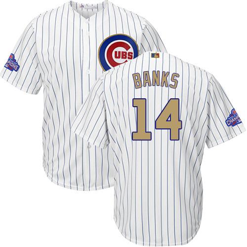 Cubs #14 Ernie Banks White(Blue Strip) Gold Program Cool Base Stitched MLB Jersey - Click Image to Close